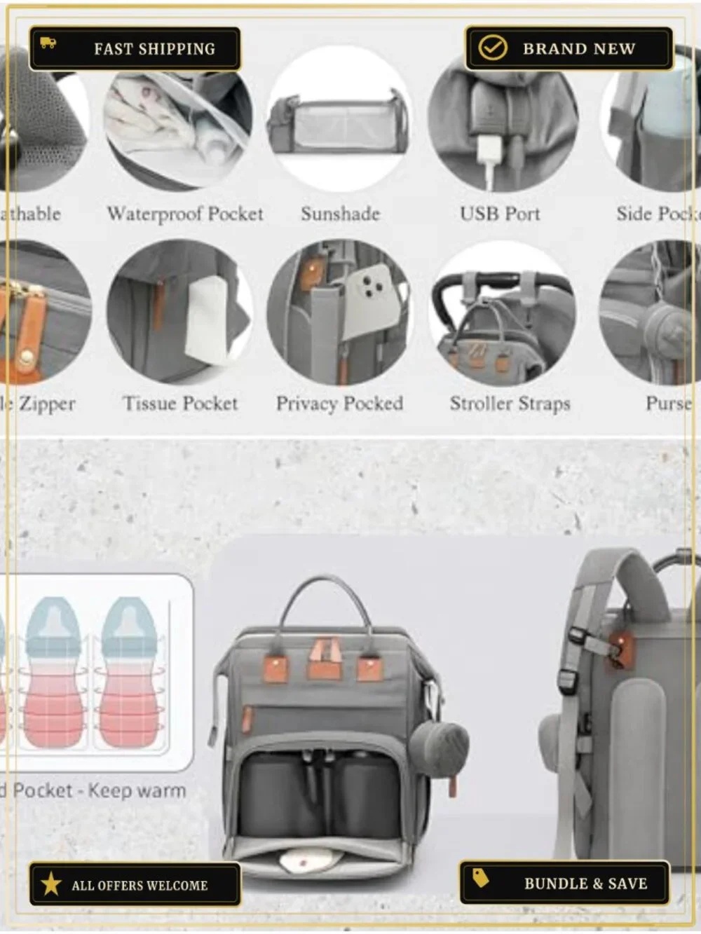 Convertible 3-in-1 Diaper Bag Backpack Waterproof Oxford Canvas with Changing
